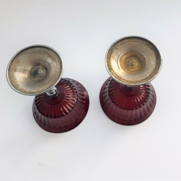 VTG Glass Ruby Red Martini 2 Goblets Chrome Stem Art Deco New Martinsville 1930s - Picture 8 of 10